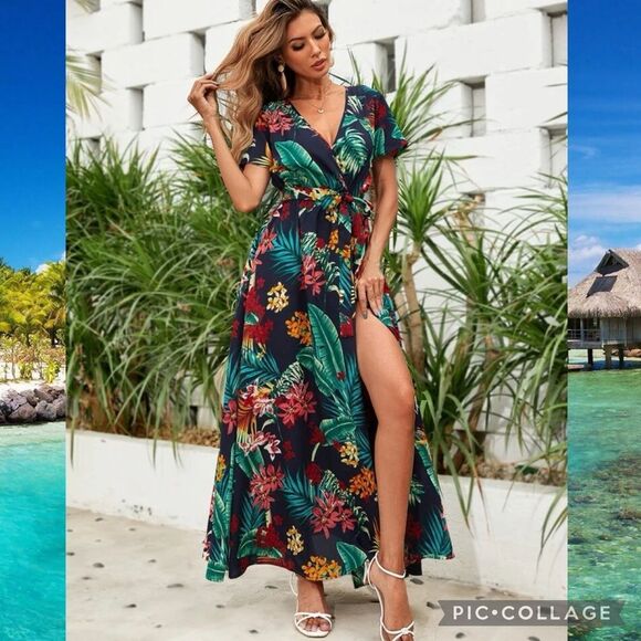 Boho Floral Maxi Open Leg Wrap Belted Dress Size Medium - Picture 5 of 8